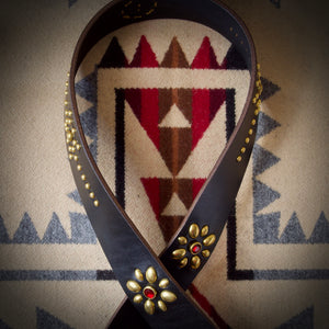 Belt - Vintage Style Western Belt - Horween Black Chromexcel - Antique Brass Studs