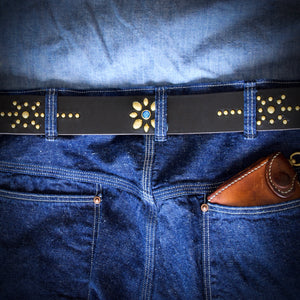 Belt - Vintage Style Western Belt - Horween Black Chromexcel - Antique Brass Studs