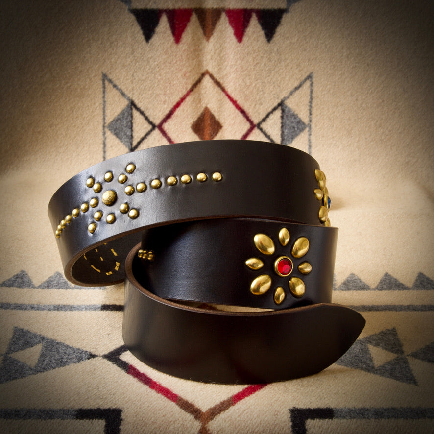 Belt - Vintage Style Western Belt - Horween Black Chromexcel - Antique Brass Studs