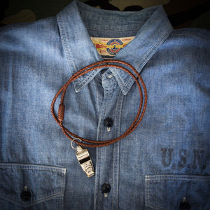 Dog Whistle - Braided Necklace - Brown Leather with Acme Thunderer Whistle