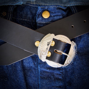 Belt - Vintage Style Western Belt - Horween Black Chromexcel - Antique Brass Studs