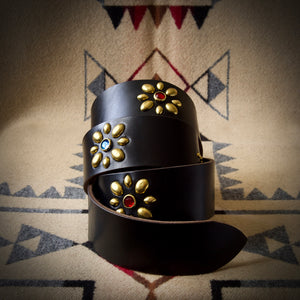 Belt - Vintage Style Western Belt - Horween Black Chromexcel - Antique Brass Studs