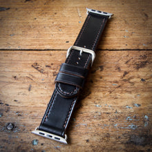 Load image into Gallery viewer, Watch Strap - Apple iWatch - Horween Black Chromexcel - Brown Thread
