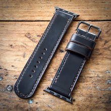 Load image into Gallery viewer, Watch Strap - Apple iWatch - Horween Black Chromexcel - Brown Thread