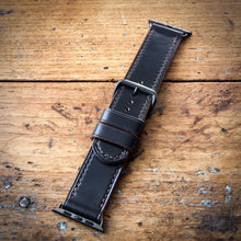 Load image into Gallery viewer, Watch Strap - Apple iWatch - Horween Black Chromexcel - Brown Thread